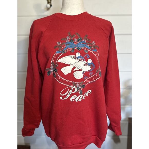 Vintage 90s Streetwear Womens Large Peace Doves Christmas Crewneck Sweatshirt - Picture 2 of 10